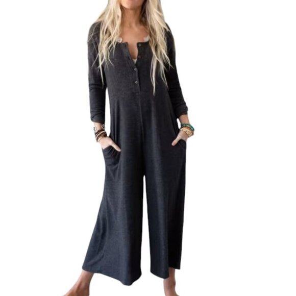 Three Bird Nest Womens Simply Comfort Jumpsuit, Boho, Wide Leg, Grey, Small - Picture 2 of 11
